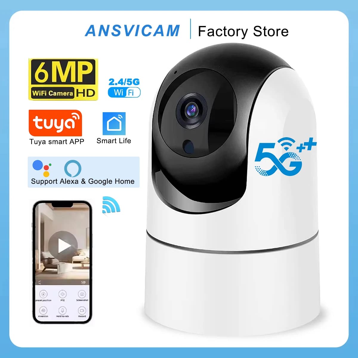 Câmera de Segurança Interna ANSVICAM Tuya 6MP HD 5G WiFi com Zoom 6x, Monitor de Bebê, Visão Noturna, Detecção Automática de Movimento e Áudio