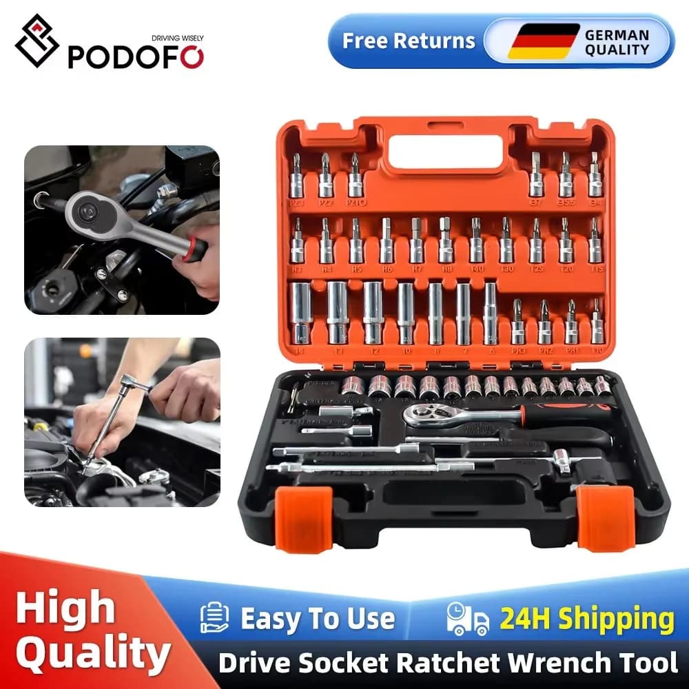 Podofo 53 pçs kit de ferramentas reparo do carro 1/4 Polegada conjunto soquete ferramenta reparo do carro catraca chave torque combo conjunto