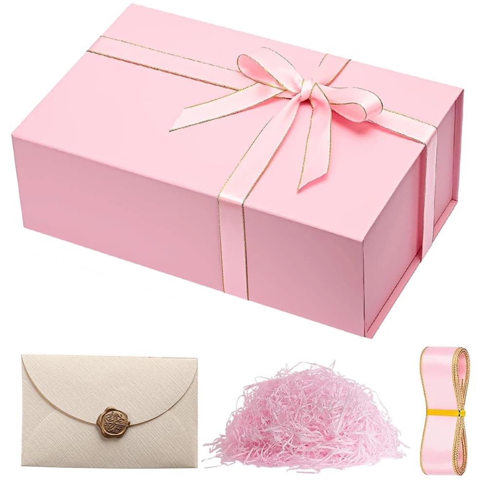 1 peça caixa de presente de fita rosa/preta com tampa para presente, caixa de presente dobrável retangular com fecho magnético, presente de joias