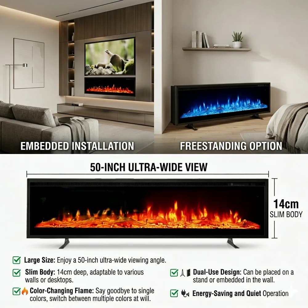 KARSKI ®   Lareira Elétrica com Chamas LED, Lareira de Parede 1800W, Controle Remoto, 9 Cores, 50 Polegadas