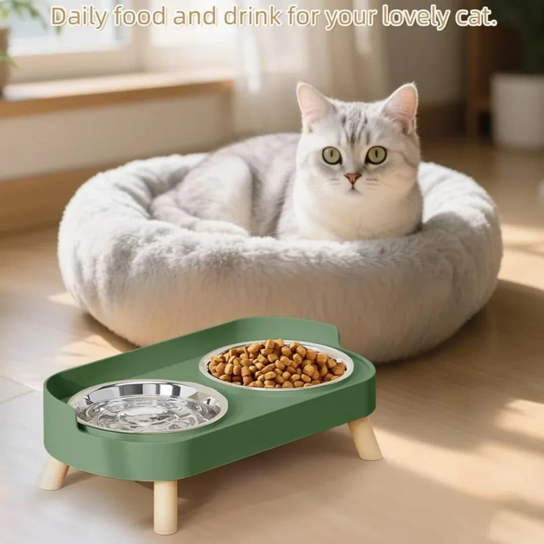 Tigela Dupla de Aço Inoxidável para Gatos e Cães com Recurso Anti-Queda, Prato Integrado para Água e Comida, Protege a Coluna Cervical