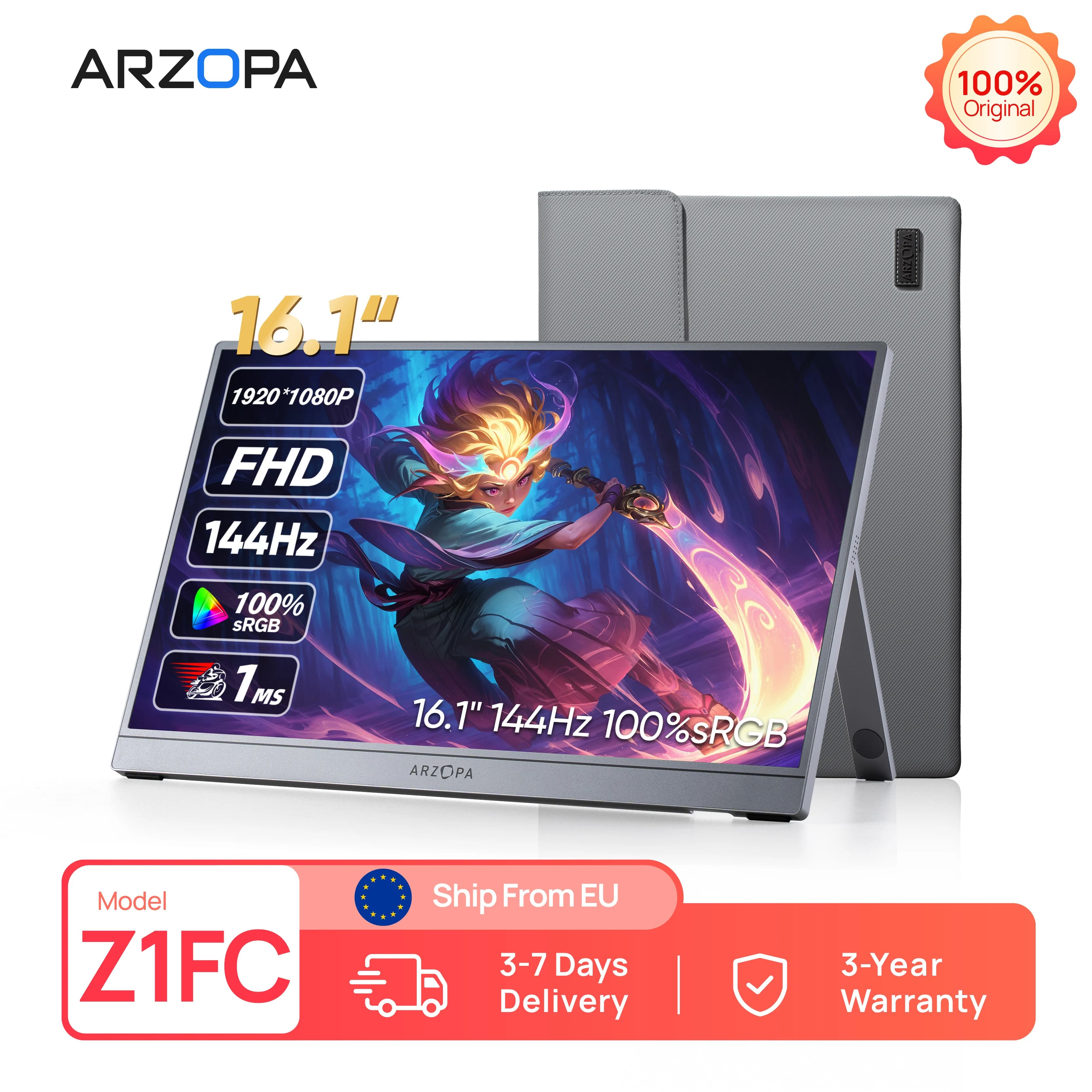Monitor Portátil ARZOPA de 16,1 Polegadas Z1FC com Bolsa de Armazenamento, 144 Hz, 100% sRGB, Tela IPS 1080P FHD como Segunda Tela Externa