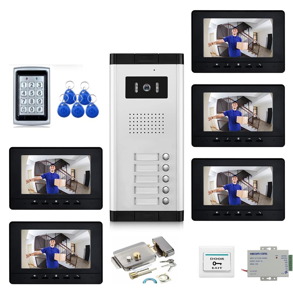 Vídeo Door Phone Campainha, RFID Controle de Acesso e Sistema de Câmera, Multi Apartamento Intercomunicador, 7 ", 2, 3, 4, 5 Unidade