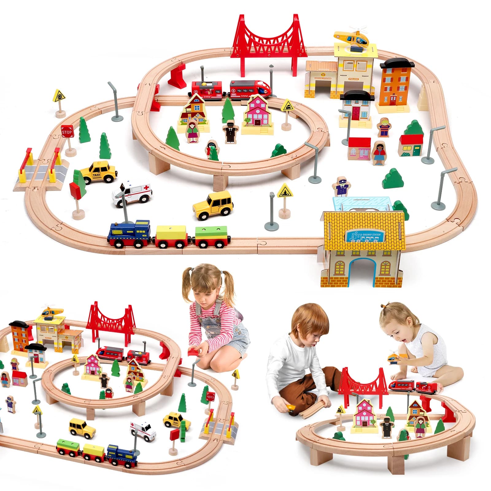 72/108 peças conjunto montessori de trens de madeira de brinquedo infantil, carros, conjunto de trem de madeira ferroviário de engenharia presente