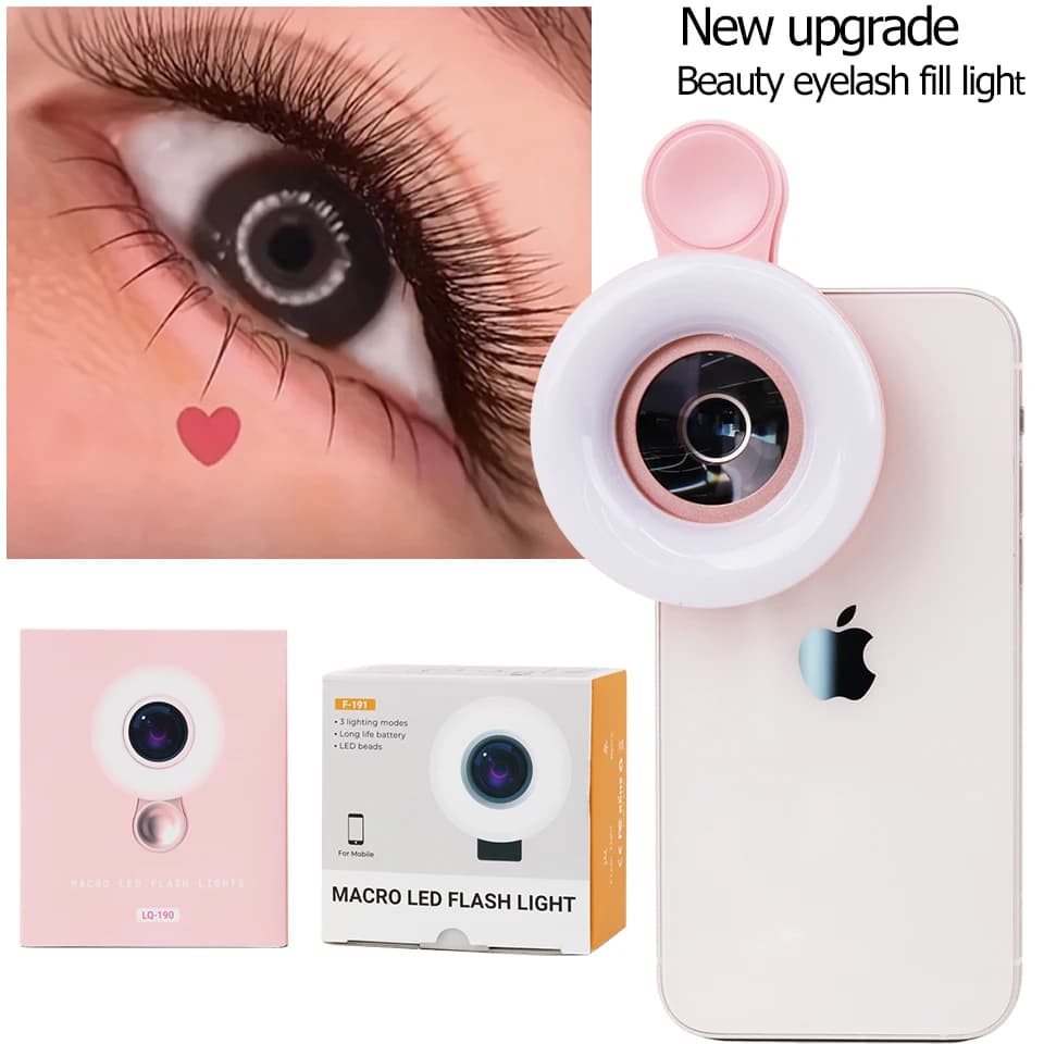 Lente macro hd 2 em 1 para câmera de celular, lente com anel led, luz de preenchimento para cílios, ferramentas de fabricação de unhas