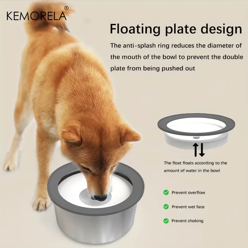 Tigela de água para cães em aço inoxidável, anti-derramamento, design de disco flutuante, alimentador lento, boca não molhada, tigela para beber
