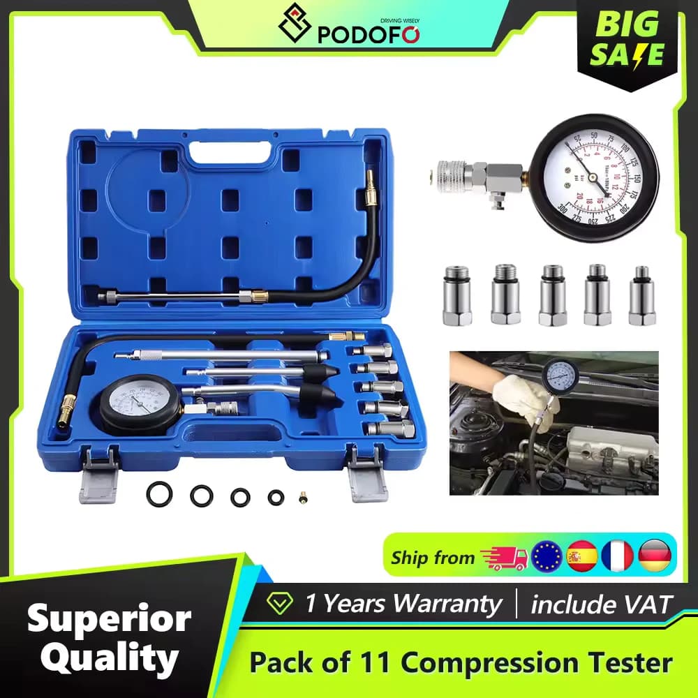 Podofo 11 peças Testador de Compressão de Cilindros de Carro, Medidor de Compressão de Motores a Gasolina para Motocicletas