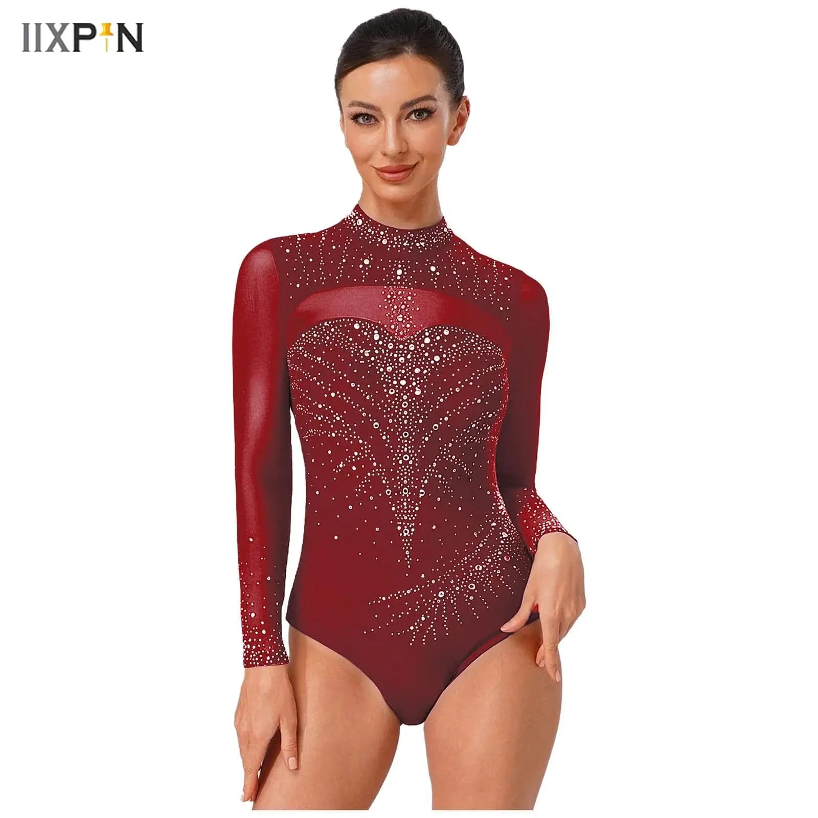 Macacão feminino de patinação artística, gola alta, manga longa, malha transparente, strass, collant para ginástica artística, competição