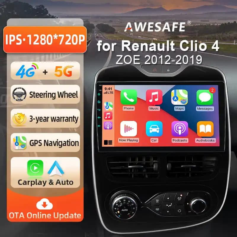 AWESAFE Rádio Android de 10 polegadas para Renault Clio IV Clio 4 2012-2019 com CarPlay sem fio e Android Auto, Navegação GPS, Suporte Multimídia,