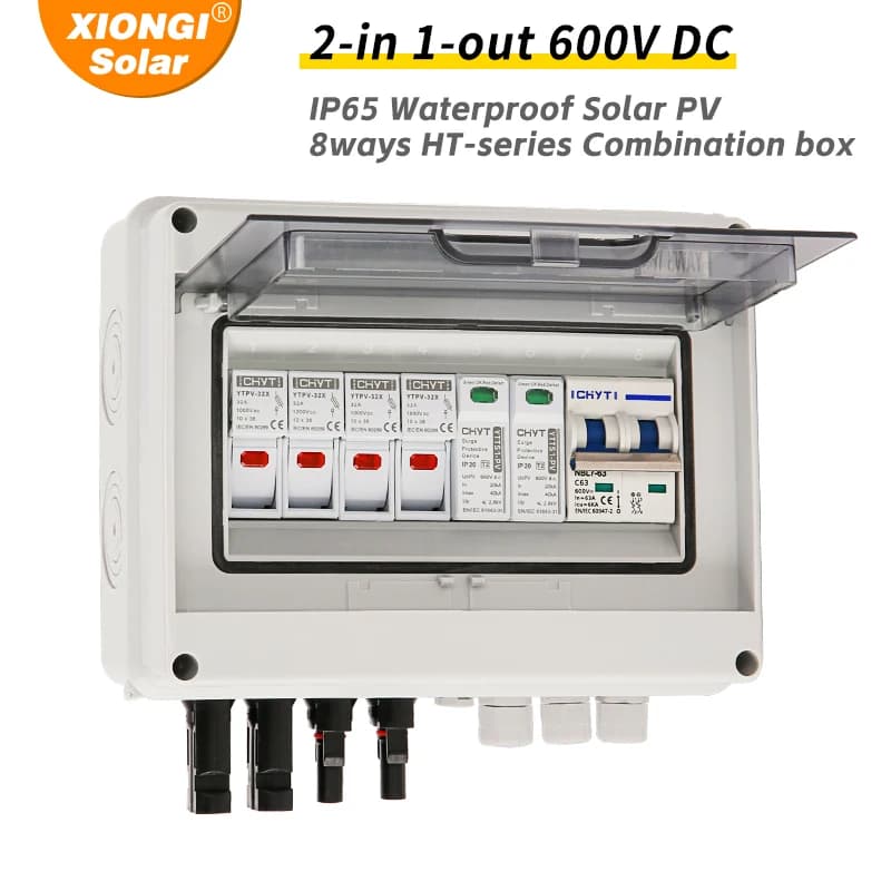 Caixa combinadora solar fotovoltaica fotovoltaica com proteção contra raios 2 entrada 1 saída DC 600V Fusível MCB SPD Caixa à prova d'água IP65