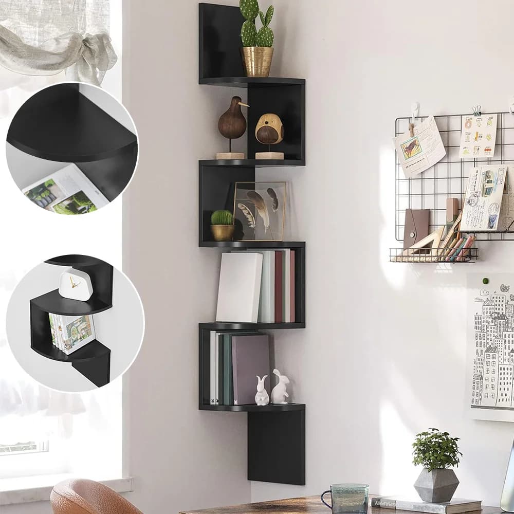 Prateleira de Canto Preta de 5 Níveis, Prateleira de Parede, Estante de Armazenamento e Exibição para Sala de Estar, Quarto, Banheiro, Escritório