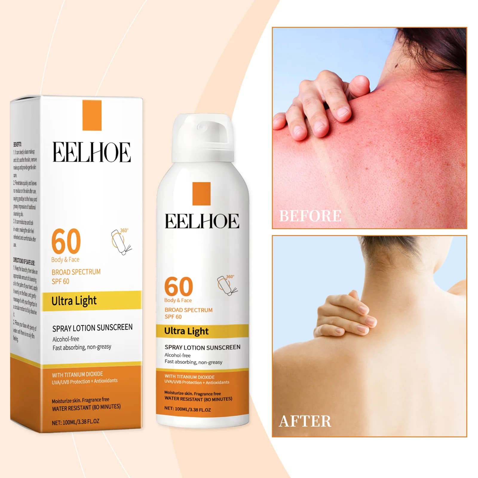 EELHOE Spray Facial de Proteção Solar, Hidratante Hidratante com Filtro UV Leve Diário FPS60 Névoa para Pele Sensível Sem Óleo
