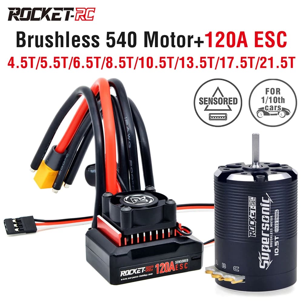 Rocket-RC Supersônico Sensored Brushless 540 4.5T 5.5T 6.5T 8.5T 10.5T 13.5T 17.5T 21.5T Motor e 120A ESC Combo para Carro 1/10 RC