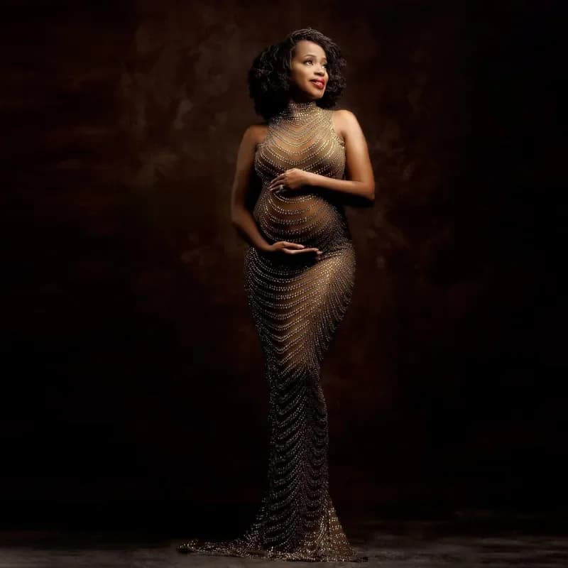 Elástico tull vestido de maternidade fotografia adereços sexy brilhante broca gravidez mulher roupas vestido deusa roupas photoshoot