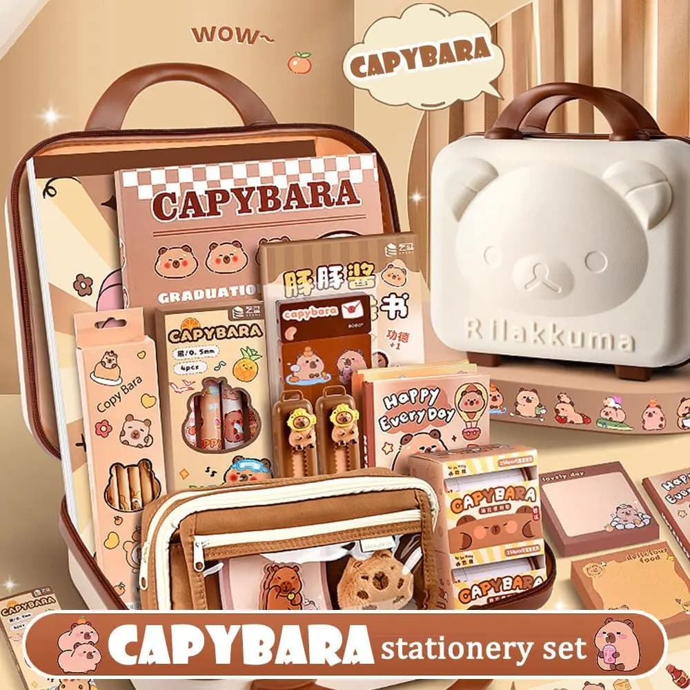 Caixa de presente de grande capacidade, conjunto de papelaria capivara, estojo abundante, kit de presente de volta às aulas, material escolar fofo