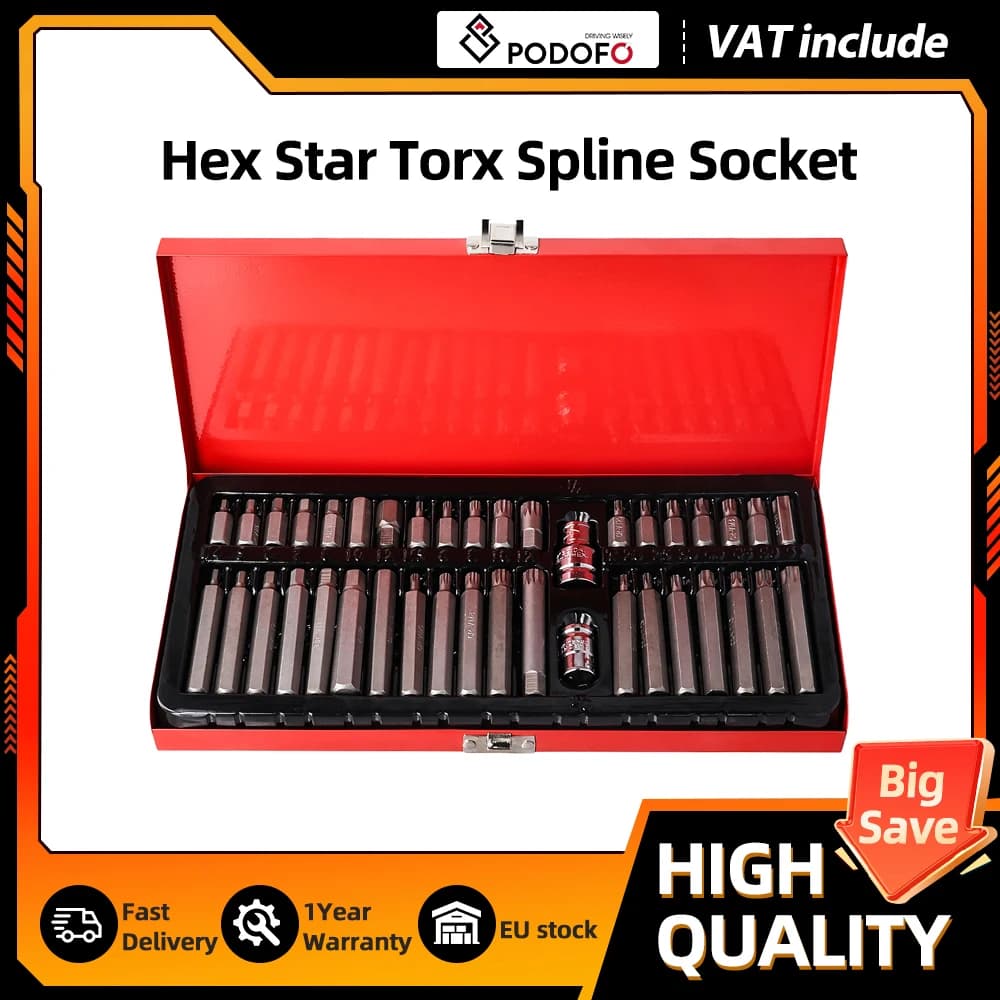 Conjunto de Ferramentas de Impacto Podofo 40 Peças: Soquetes Hexagonais, Estrela, Torx e Spline com Encaixe de 1/2 e 3/8 Polegadas para Reparo