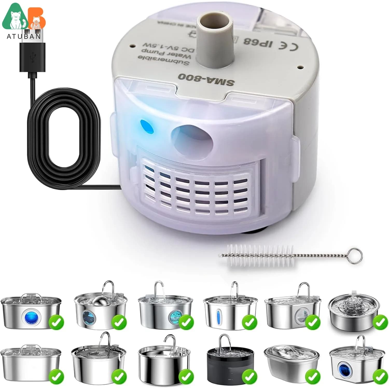 Bomba de substituição ultrassilenciosa ATUBAN para fonte de água de gato de aço inoxidável-SMA-800 Motor-Safe e fácil de limpar com baixa