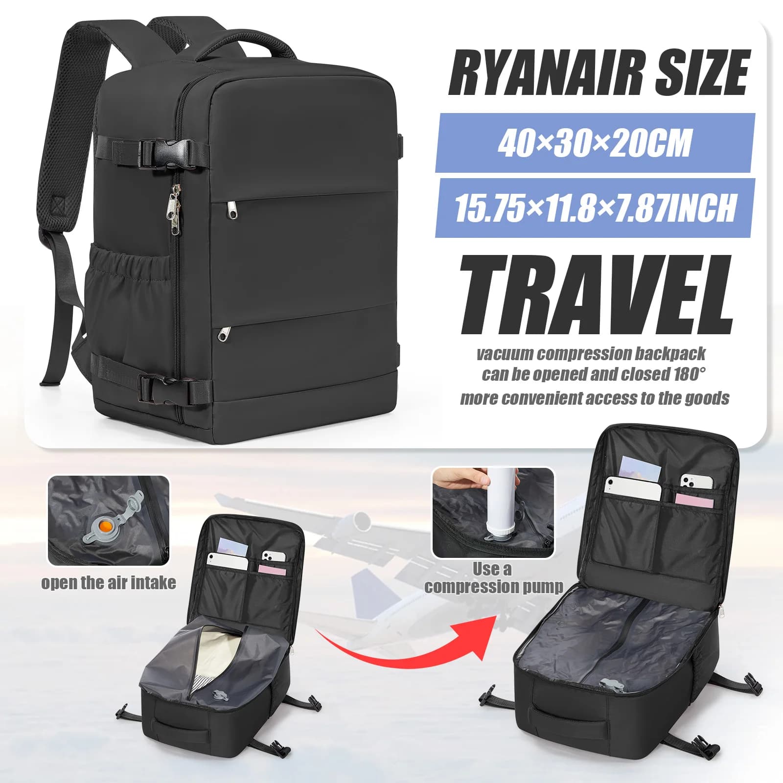 Mochila a vácuo ryanair 40x30x20 mochila de viagem curta distância negócios wizair cabine saco 15.6 "bolsa para portátil, mochila de lazer