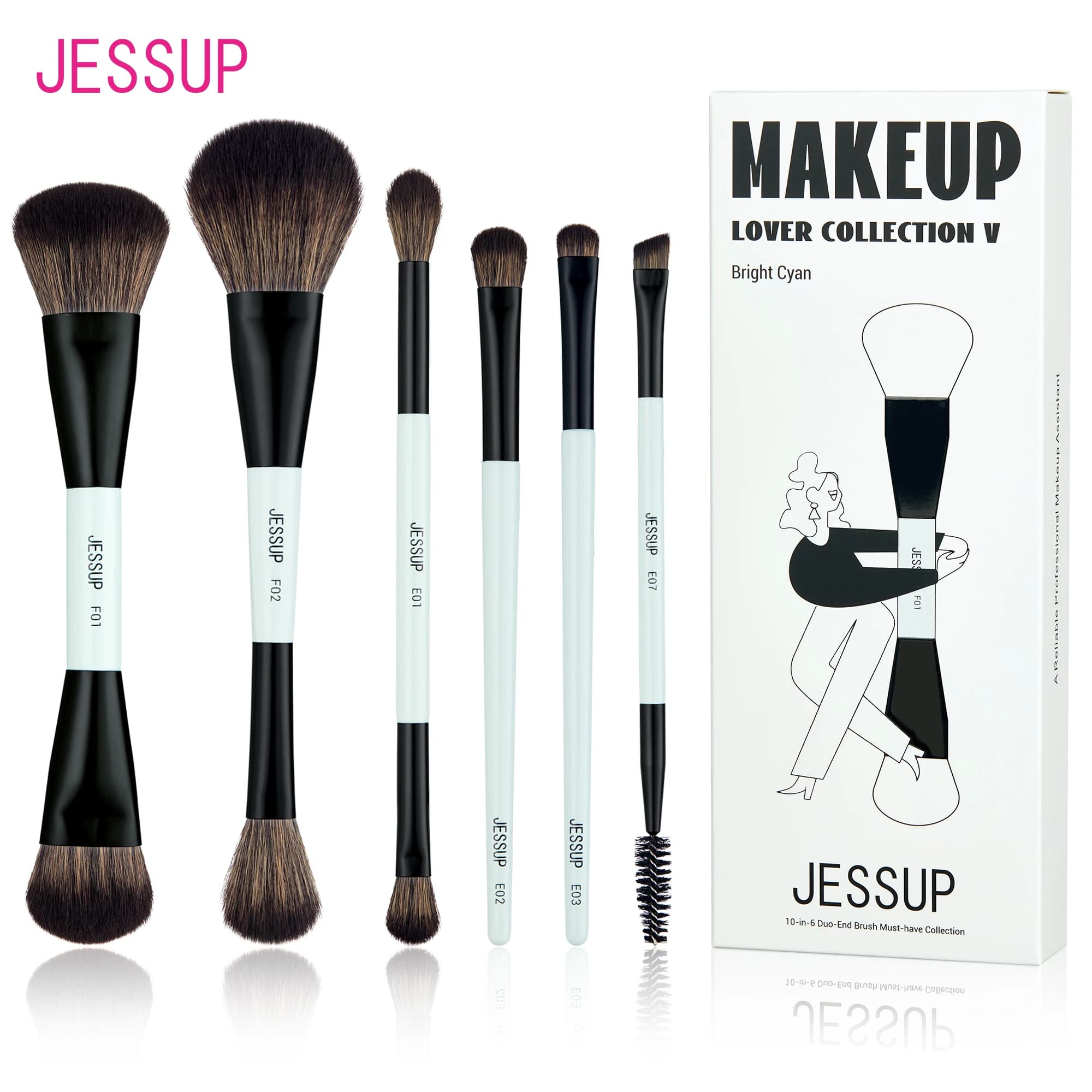 Jessup conjunto de pincéis de maquiagem dupla face pincéis de maquiagem fundação contorno blush mistura sombra de sobrancelha, fibra brilhante