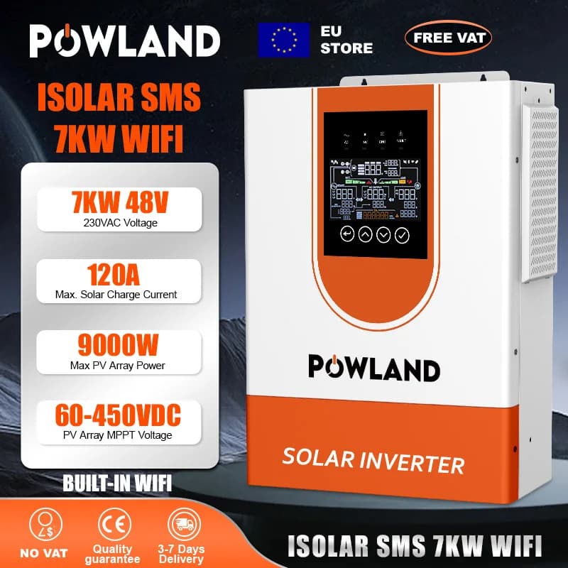 Inversor Solar Híbrido POWLAND 7KW 48V 230VAC com MPPT Integrado 120A Onda Senoidal Pura RS485 WIFI Modo Sem Bateria 50/60HZ Sem IVA