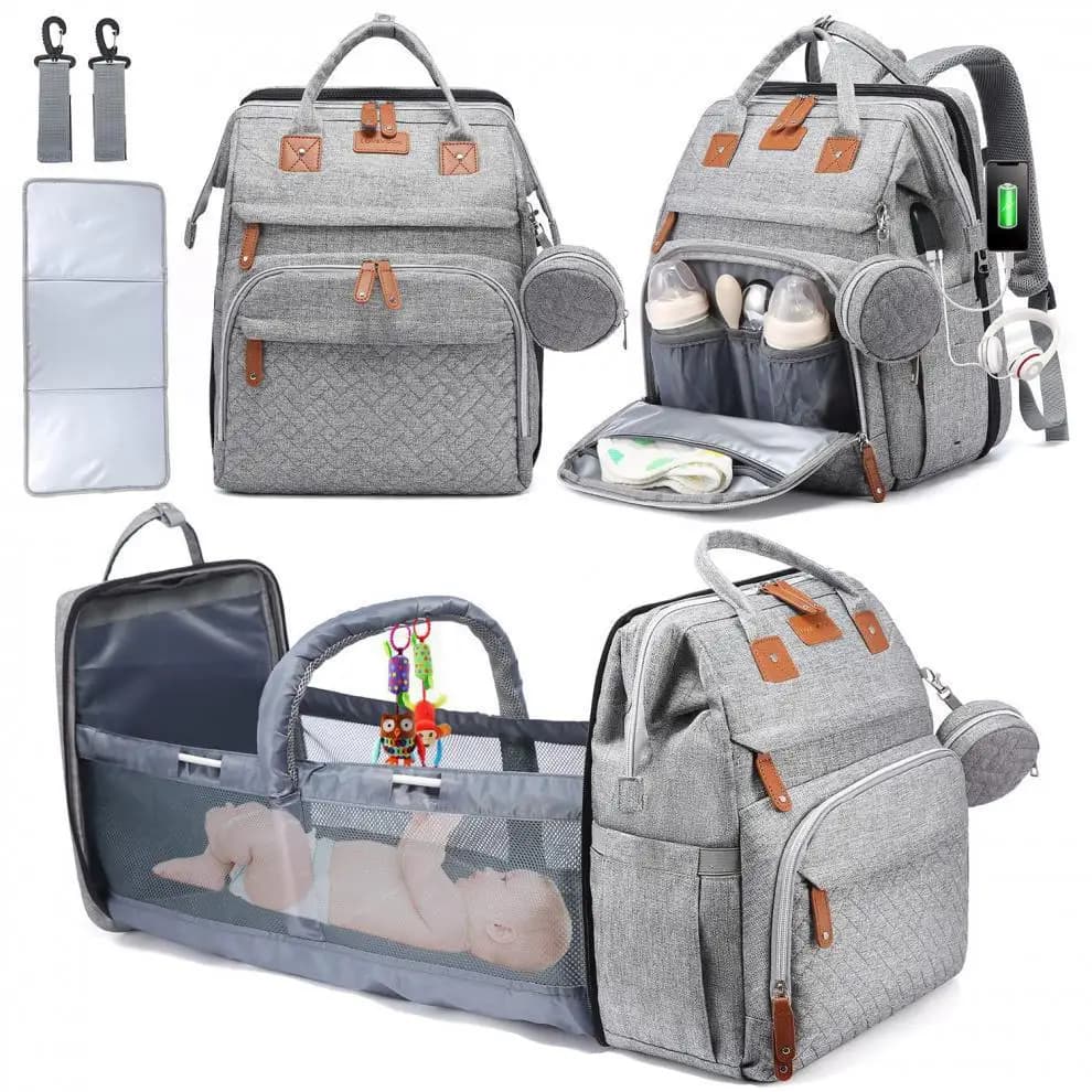 3 em 1 saco de fraldas mochila dobrável cama do bebê saco de viagem à prova dwaterproof água com carga usb saco de carrinho de fraldas com cama de