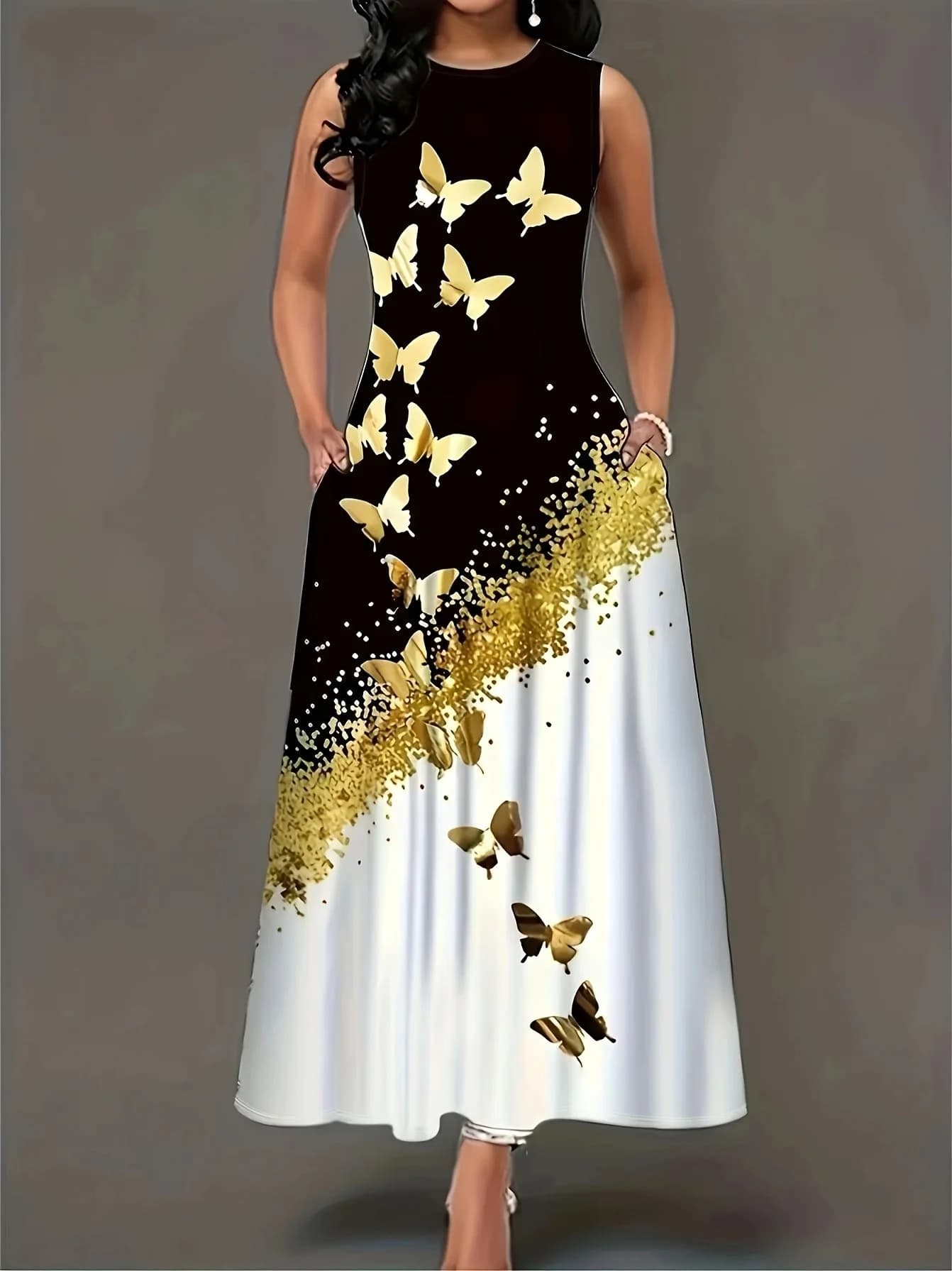 Novo vestido de verão com estampa de borboleta em degradê, sem mangas, solto e emagrecedor, com bolsos, saia longa elegante.