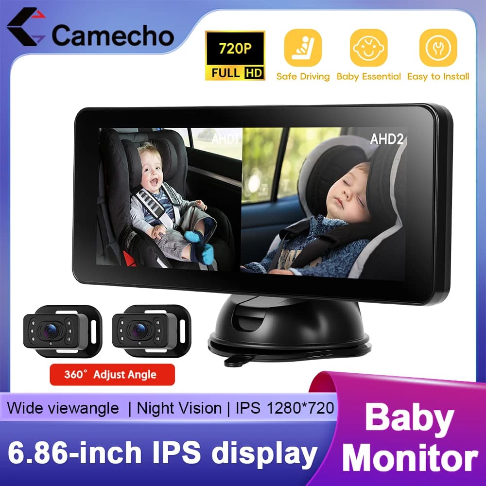 Camecho 2 câmera monitor de visão traseira 6.86 'ips tela encosto de cabeça espelho do carro do bebê grande ângulo de visão para bebês