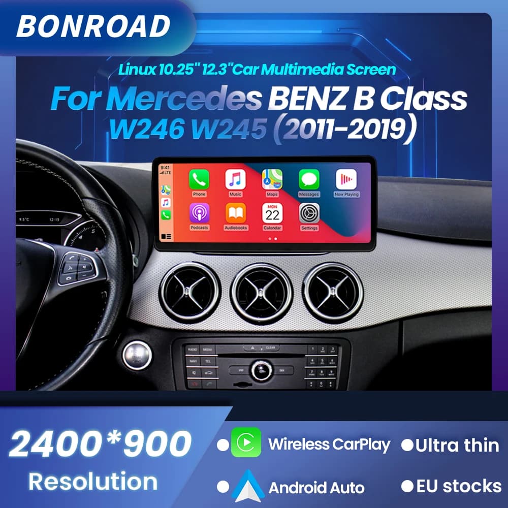 BONROAD Linux 12.3" Wireless CarPlay Tela Multimídia Automotiva com Android Auto para Mercedes Benz Classe B W245 W246 2011-2019 GPS