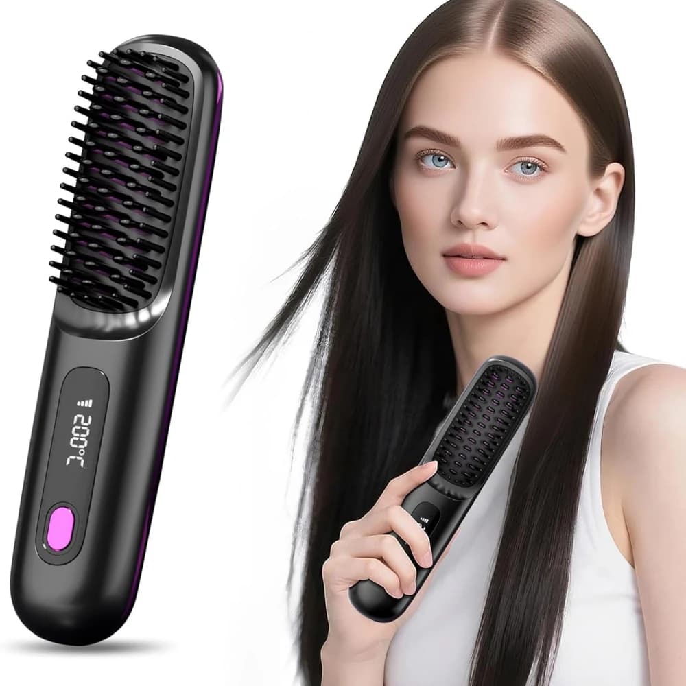 Escova alisadora de cabelo com display LCD sem fio USB alisador de carregamento portátil mini escova de alisamento para viagens em casa
