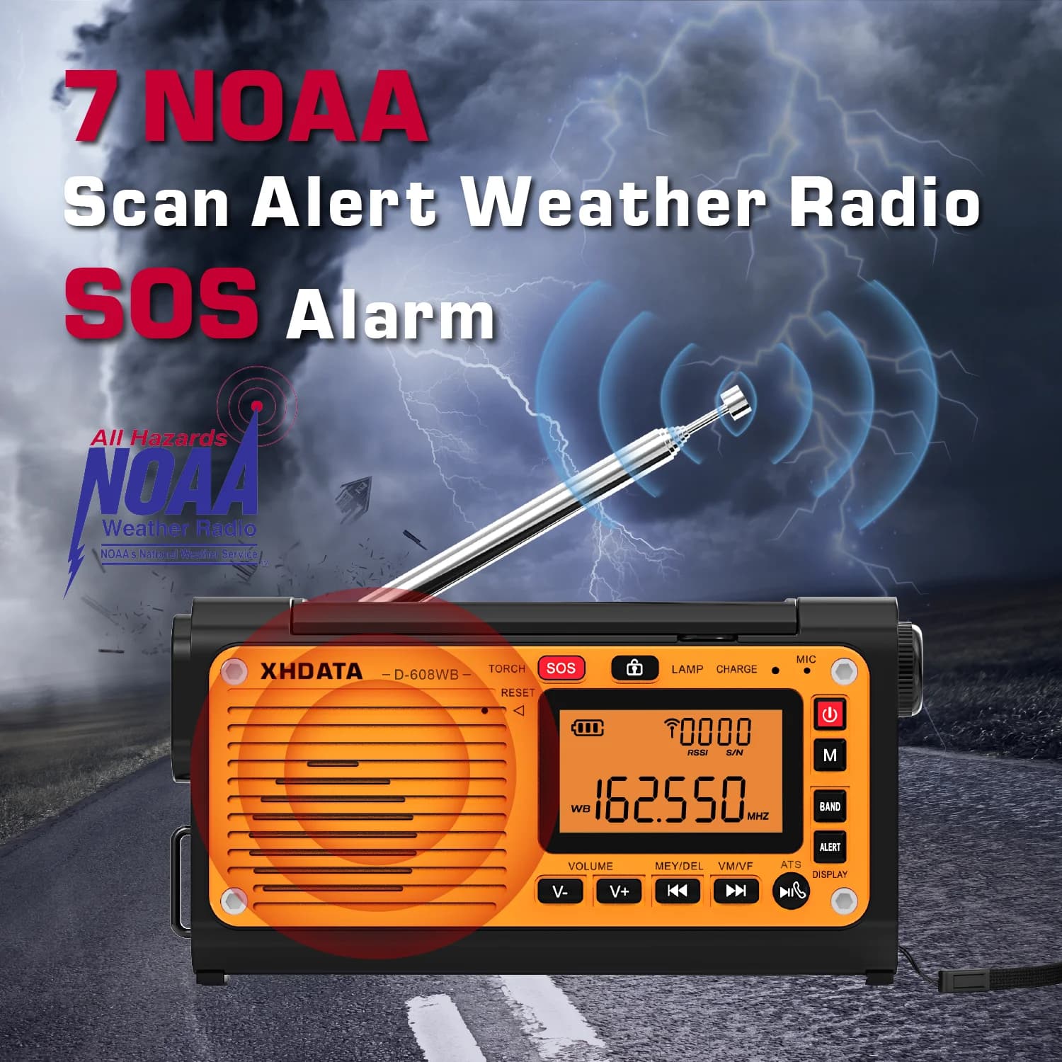 XHDATA D-608WB Rádio meteorológico com manivela de emergência FM/AM/SW/NOAA Alert Rádio portátil com carregador de telefone, Bluetooth, operado