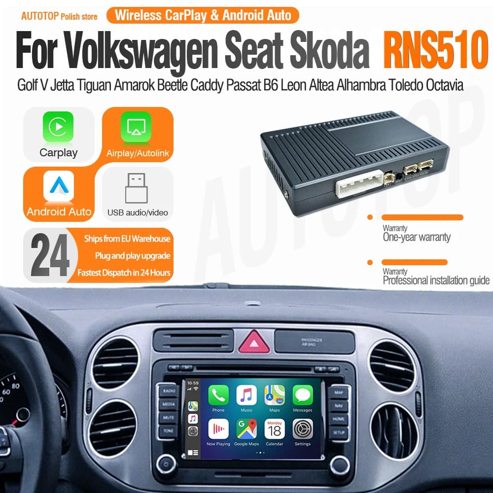 AUTOTOP Wireless CarPlay Android Auto para Volkswagen VW Tiguan Passat Golf 6 Polo Skoda Seat série RNS510 Phaeton Mirror Link