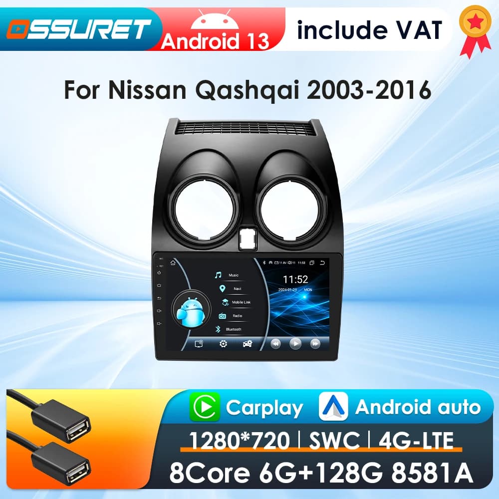 2din android13 carro multimídia gps player para nissan qashqai j10 2006 2007 2008-2013 sem fio carplay android auto 4g ai voz