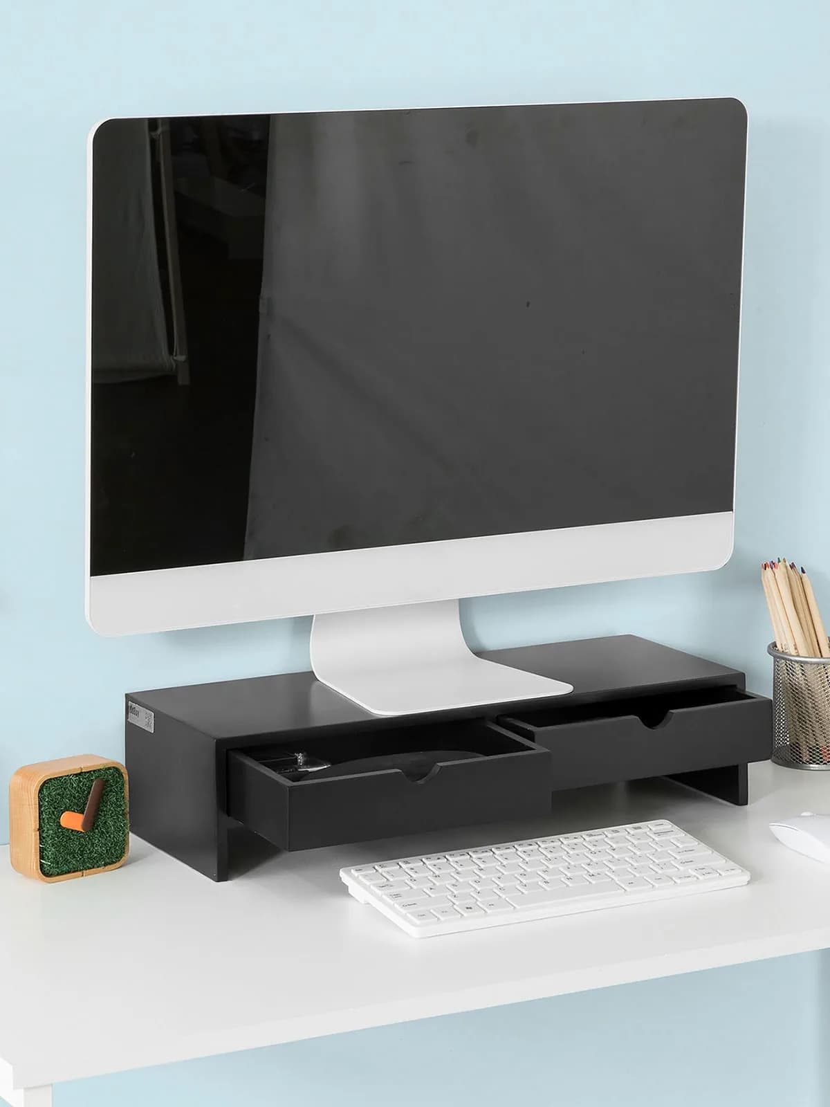 Suporte para monitor SoBuy BBF02, suporte elevatório para monitor com 2 gavetas, WDH aprox. 47x11x18cm