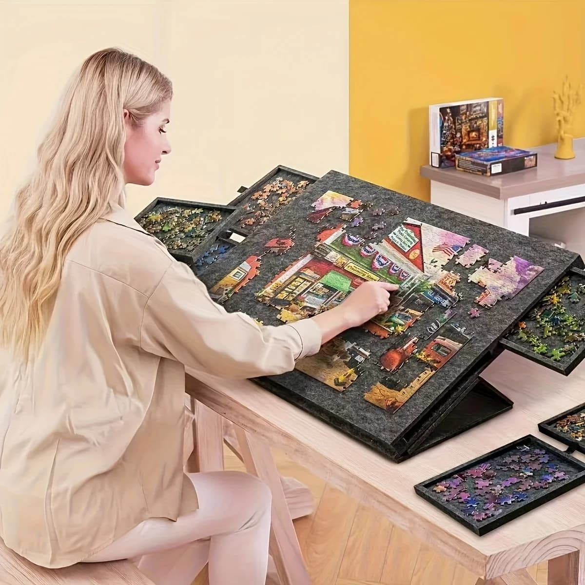 Mesa de quebra-cabeça portátil 6 em 1 de Natal/com suporte e tampa/placa de quebra-cabeça de feltro/mesa de quebra-cabeça com seis gavetas que