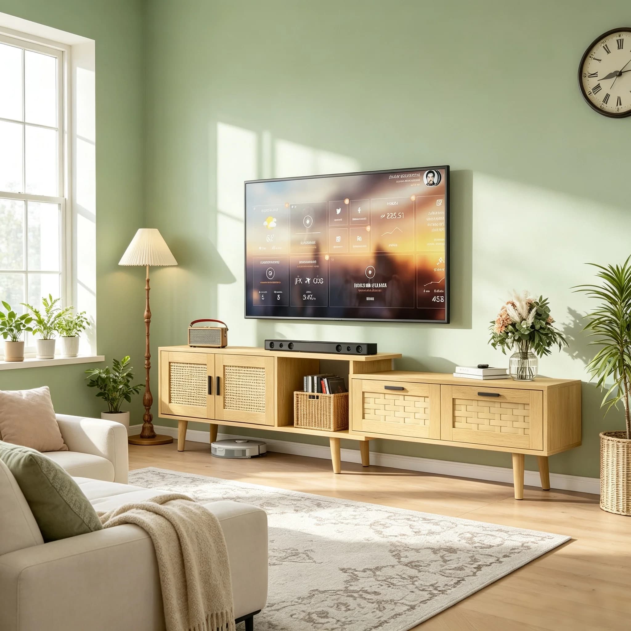 Armário Retrátil para TV Fangange, Extensível de 146-180cm, Suporte para TV com 2 Gavetas e Armário de Armazenamento, Mesa de Console para TV em