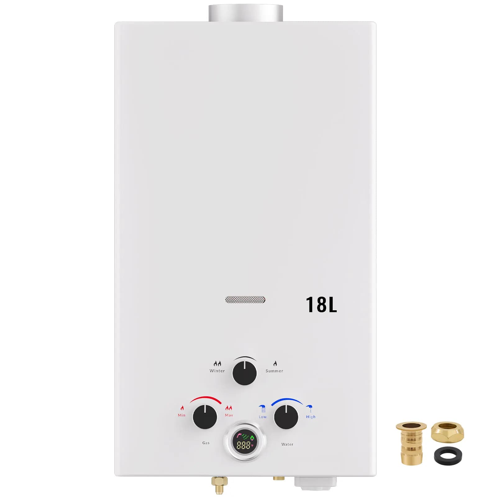 Aquecedor de Água a Gás Portátil 18L 36KW Instantâneo Sem Tanque com Display LED, Botões Ajustáveis, Proteção de Segurança para Camping, RV e