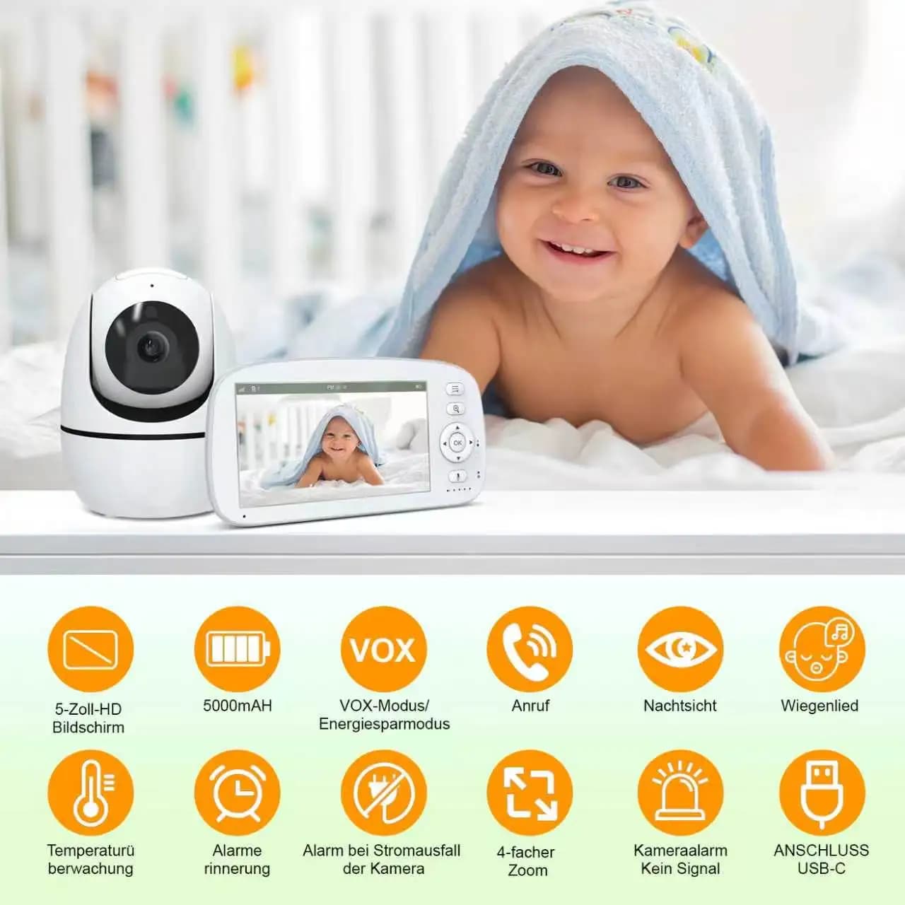 Câmera de vídeo com detecção de movimento Babyphone 5 5000 mAh, 720P, HD, ruído e temperatura, comunicação bidirecional, 360 °  