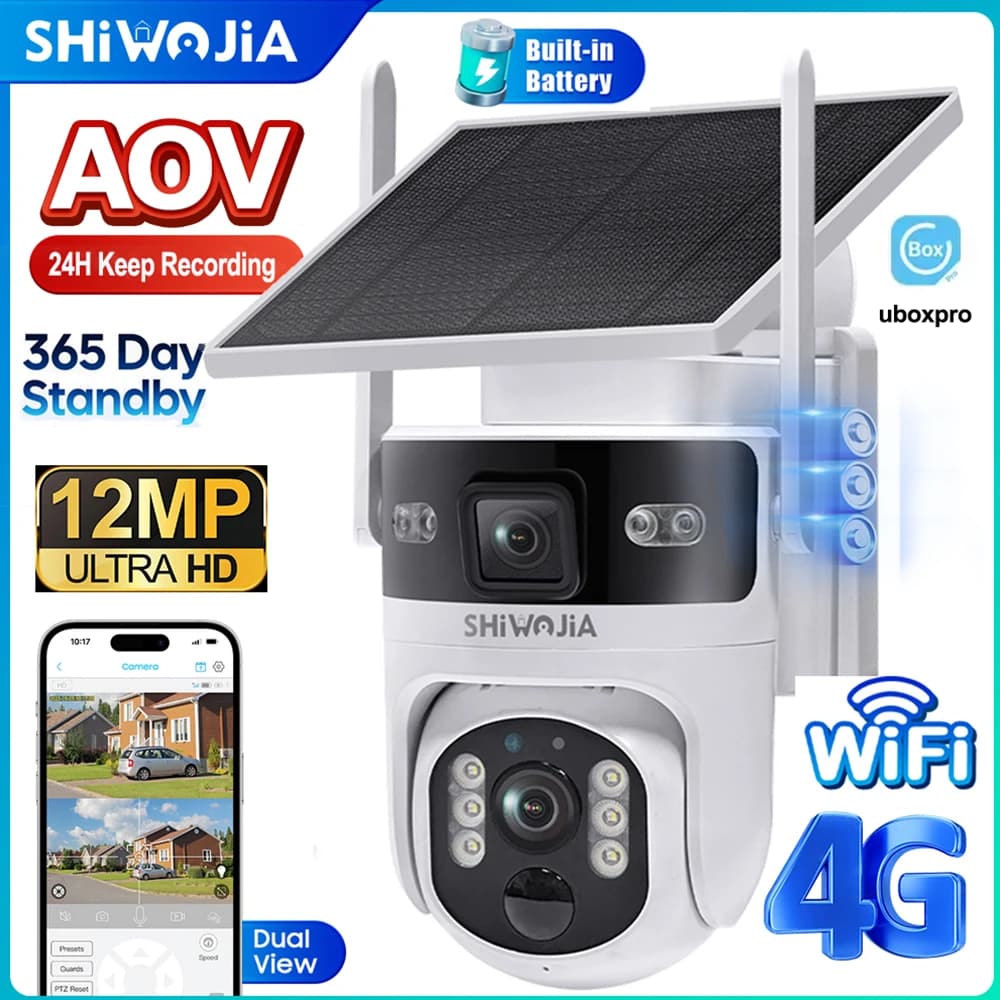 Shiwojia 12mp aov bateria solar câmera 4g sim 7/24 horas de gravação sem fio wifi segurança câmera ptz lente dupla pir visão noturna