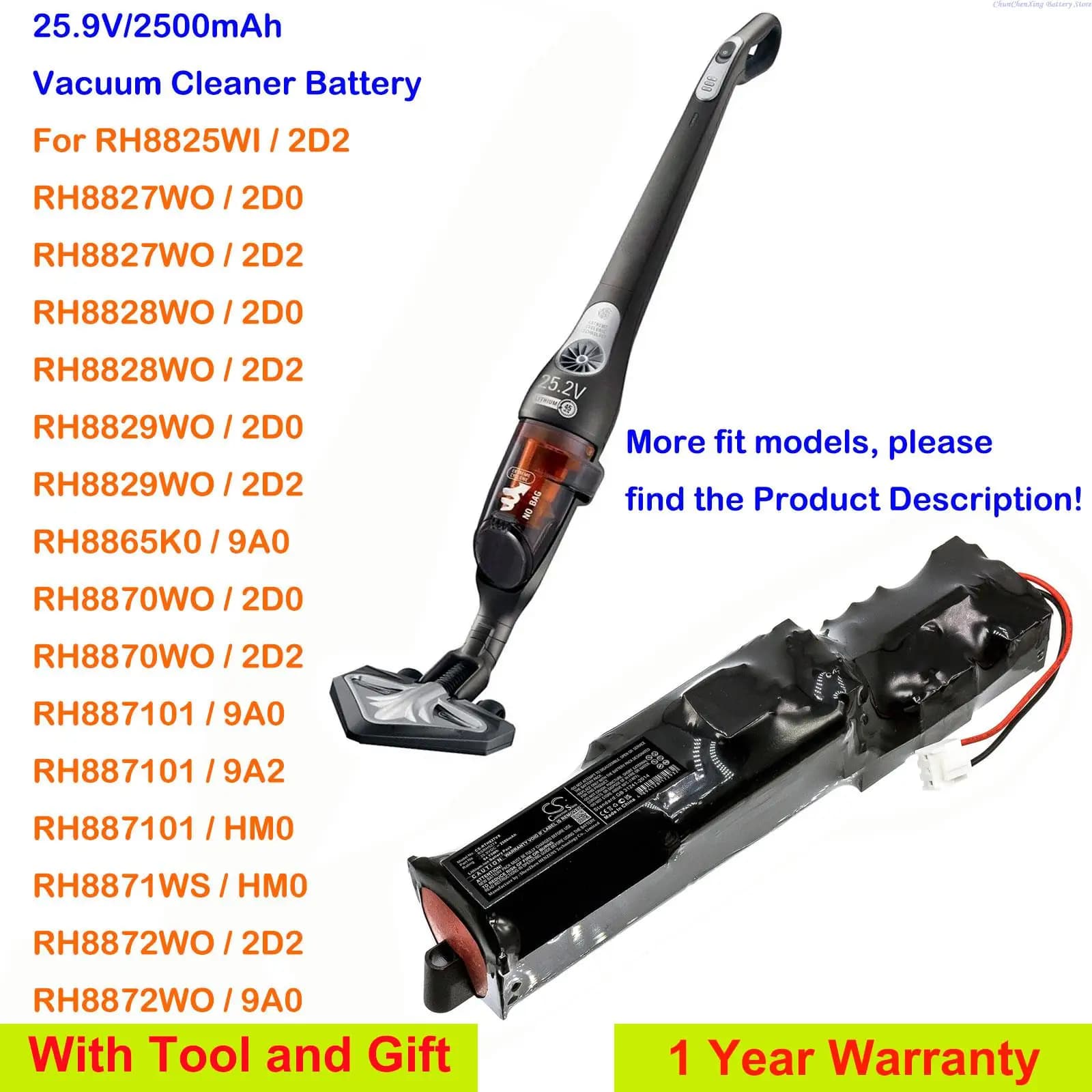 CameronSino 2500mAh Aspirador Bateria RSRH5274 para Rowenta RH8829WO-2D2,RH8870WO-2D2,RH887101/9A2,RH8872WO-2D2,RH8874WO-2D2
