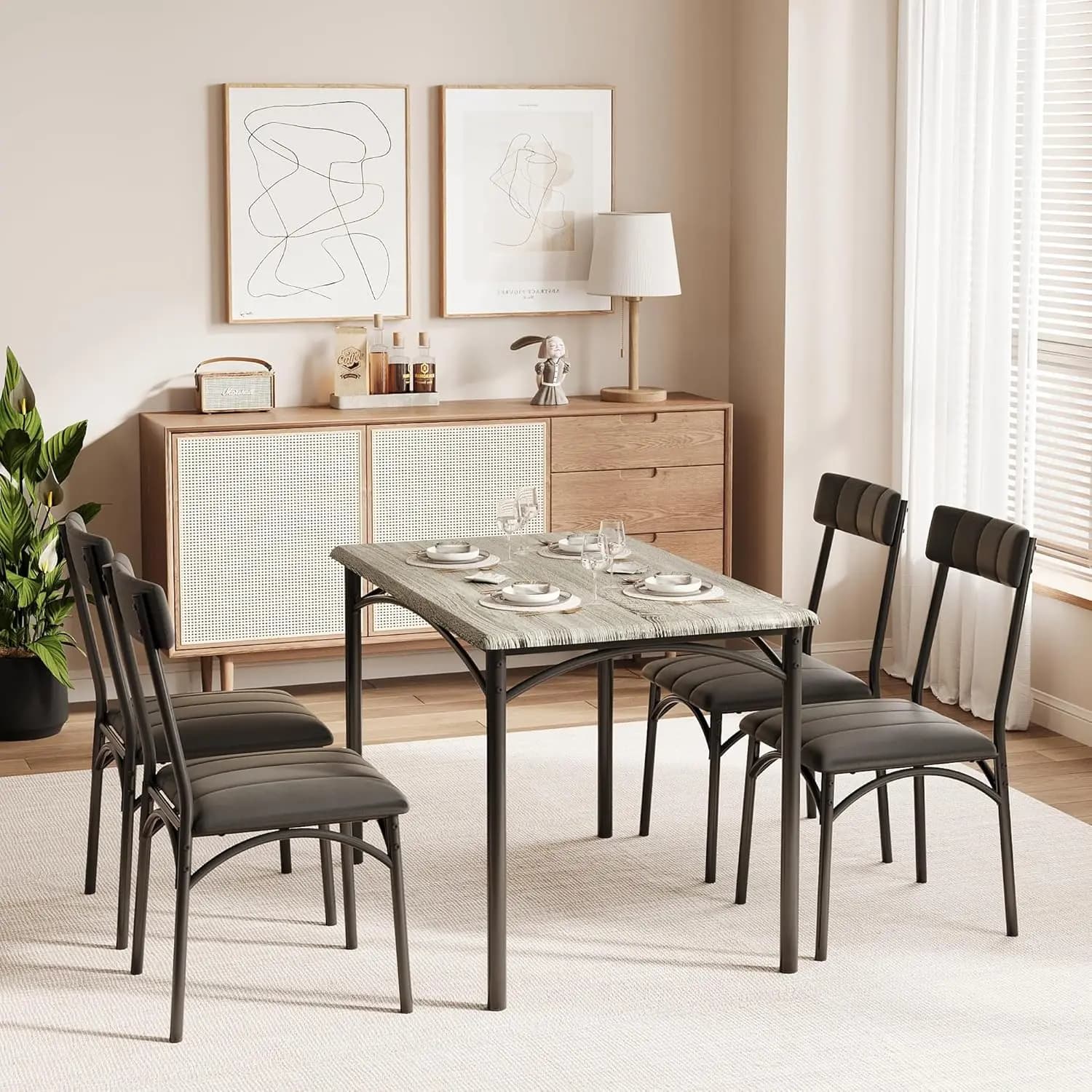 Conjunto de jantar estilo campestre para 4 pessoas, mesa de cozinha pequena com 4 cadeiras estofadas com assentos e encostos acolchoados, móveis