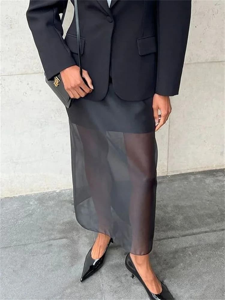 Tossy verão malha transparente maxi saia feminina cintura alta retalhos magro sólido y2k roupas de rua alta sexy moda saia longa