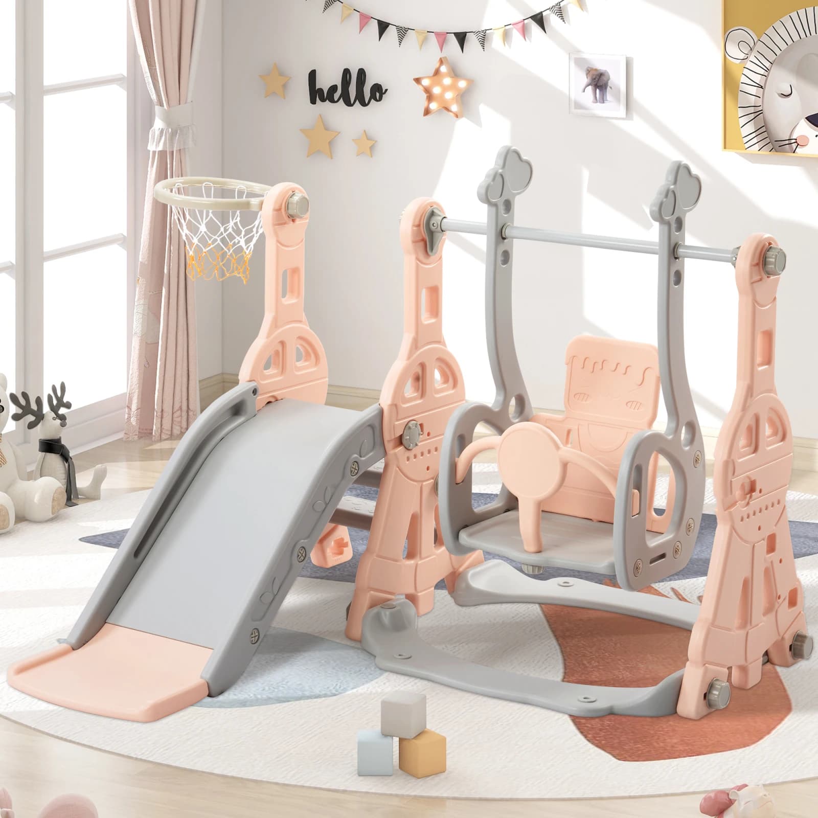 Escorregador Infantil 4 em 1, Escorregador Interno e Externo, Playground Infantil com Aro de Basquete, Prateleira e Balanço, para Crianças, Rosa,