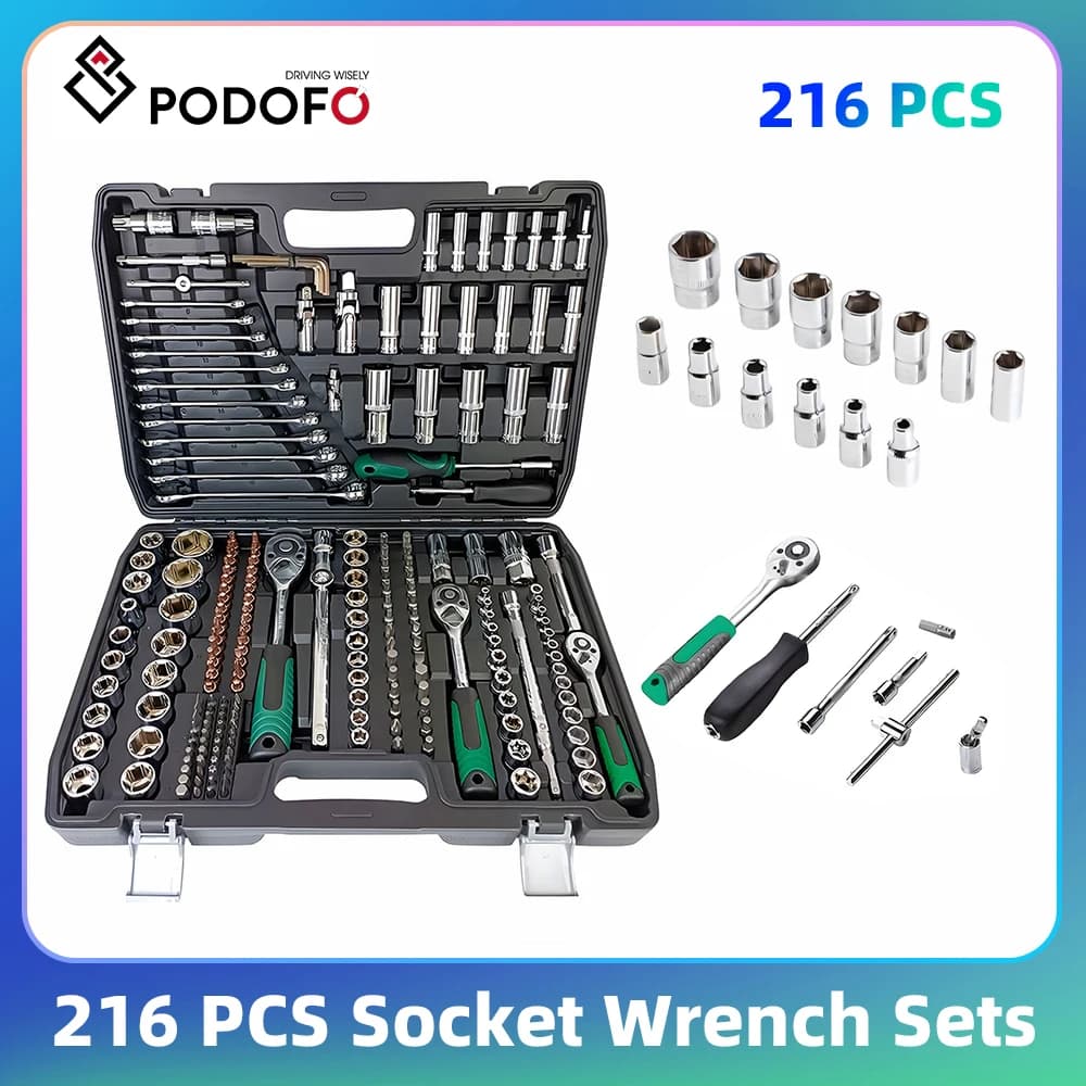 Conjunto de Chaves de Soquete Podofo com 216 Peças, Conjunto de Ferramentas Mecânicas, Chaves de Soquete de 1/4", 3/8" e 1/2", Chave de Catraca de