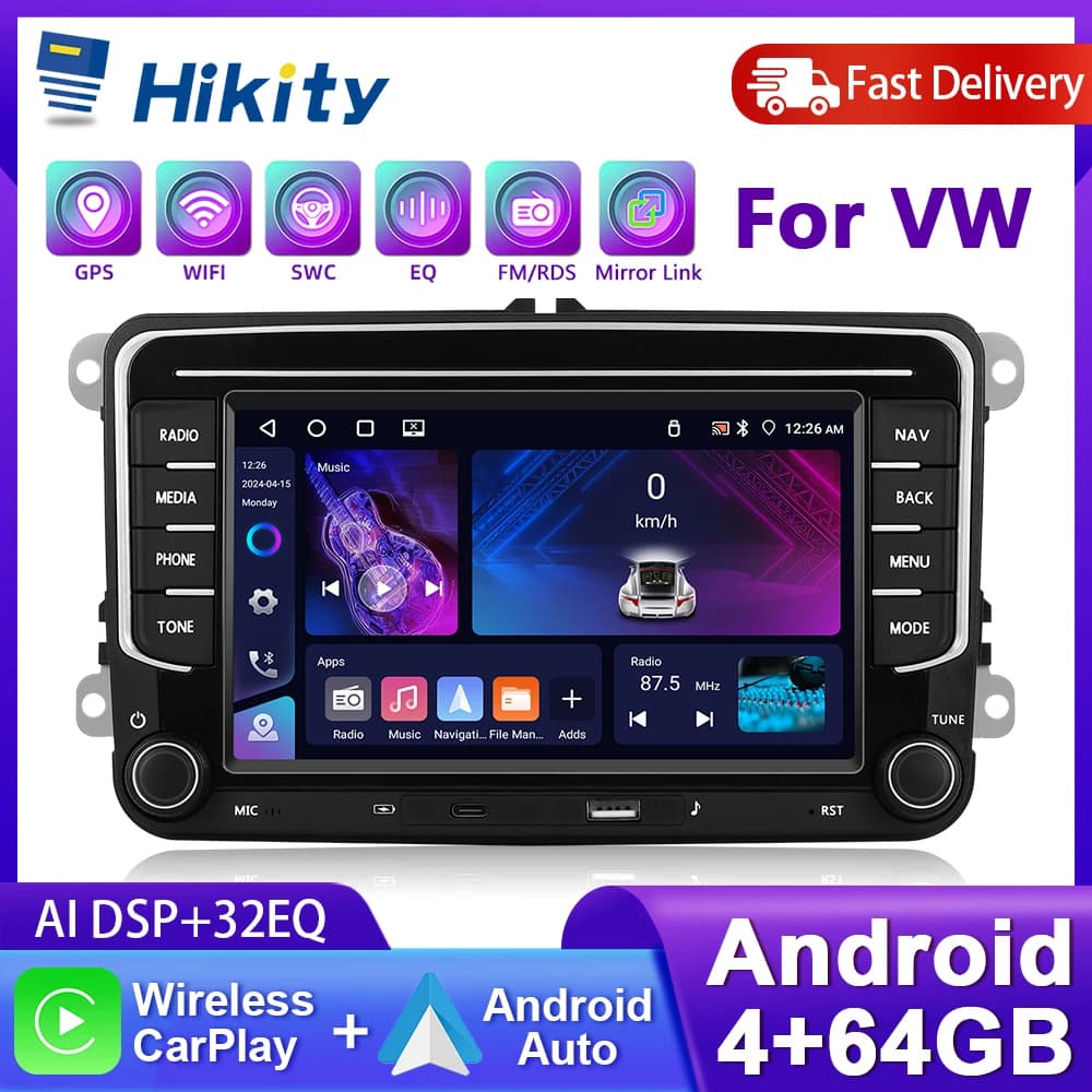 Hikity 4 + 64G 2Din Rádio de carro para VW/PASSAT/SHARAN/CADDY/POLO Multimídia Player Carplay Android Auto EQ BT Mirror Link DSP FM RDS