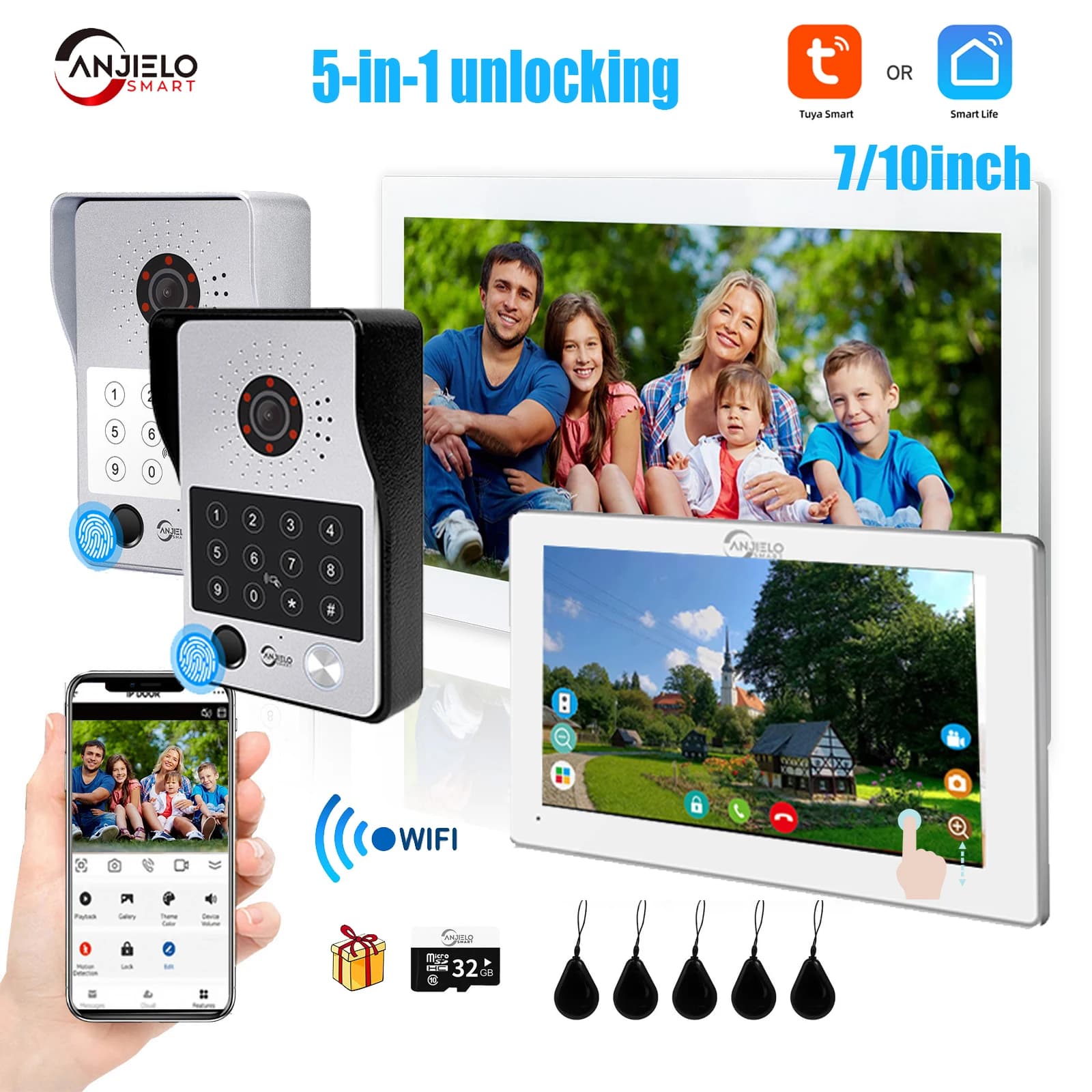 Tuya 7/10 Polegada vídeo porteiro interfone tela de toque com sistema de quatro fios câmera interfone ip65 senha cartão impressão digital deslizar