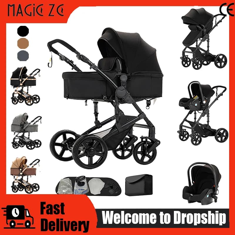 Carrinho de Bebê Compacto 3 em 1 Portátil para Recém-Nascidos com Cadeira de Carro, Carrinho de Passeio com Assento Elevado, Sistema de Viagem