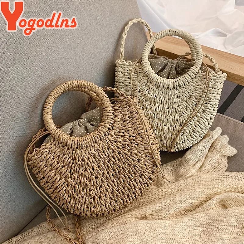 Yogodlns artesanal meia redonda rattan tecido saco de palha verão feminino mensageiro sacos crossbody meninas pequena bolsa de praia nova