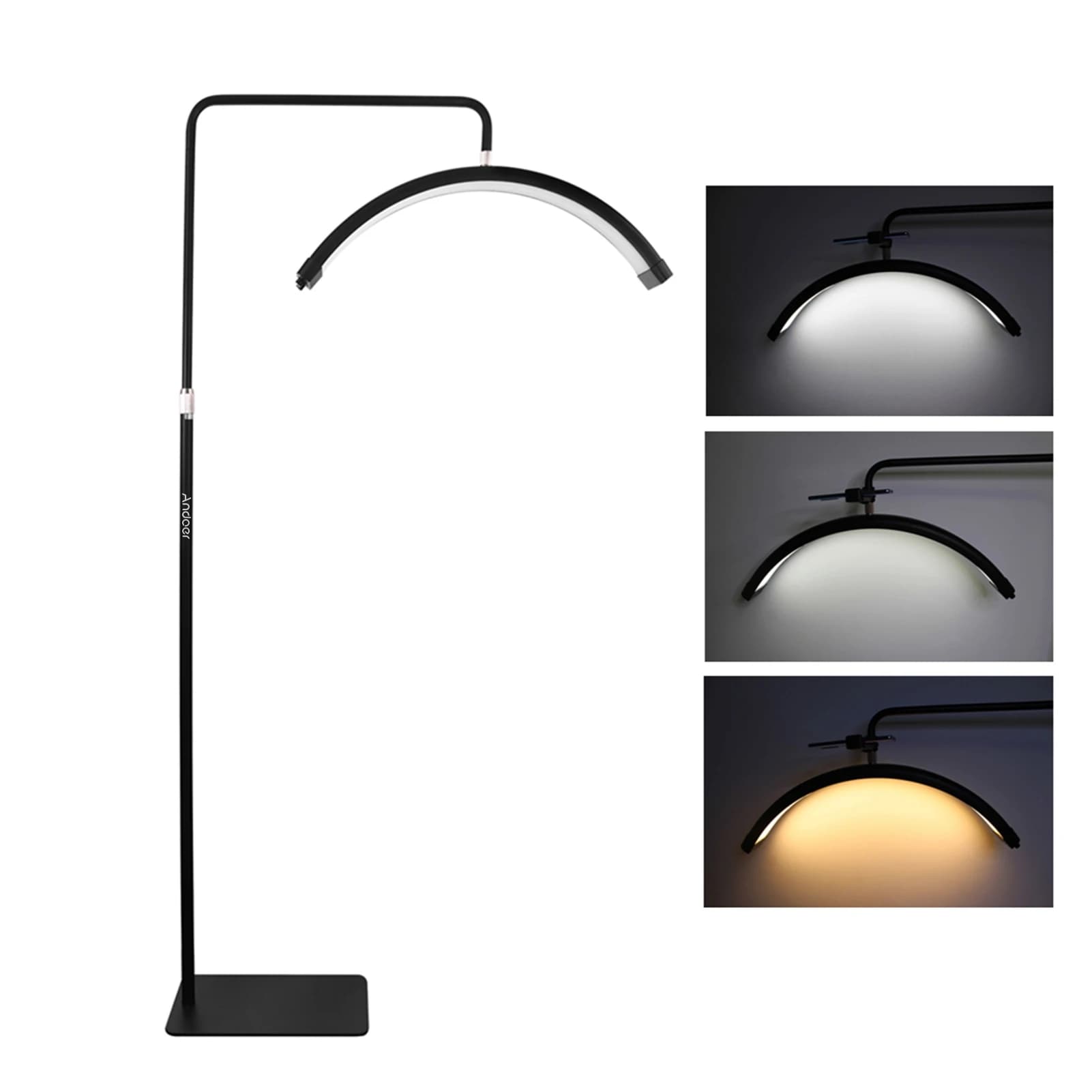 Luz de vídeo led de chão 36w, luz de preenchimento em forma de meia lua 3200k-5600k regulável com suporte de luz de metal de 180cm/ 70,9 polegadas,