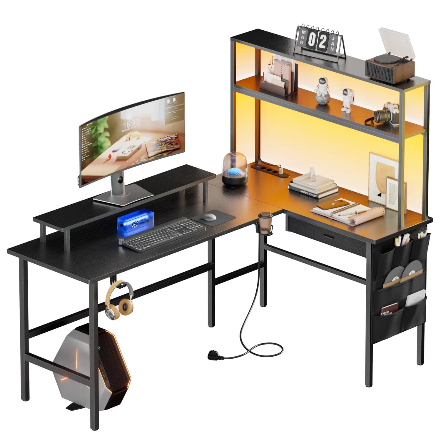 Mesa de Jogos em L de 150/170cm, Mesa de Computador Reversível com Tomada, Mesa de Escritório de Canto com Armário Superior e Suporte para Monitor