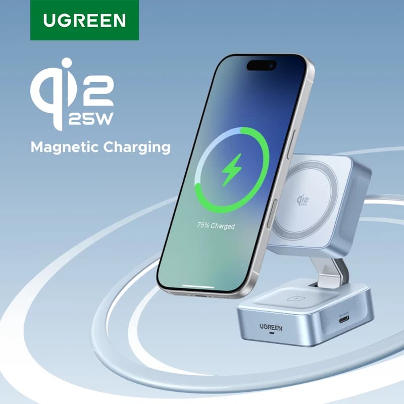 Carregador Magnético Sem Fio UGREEN Qi2.2 25W 15W 2-em-1 com Suporte de Carregamento Rápido para iPhone 16 17/AirPods Magflow